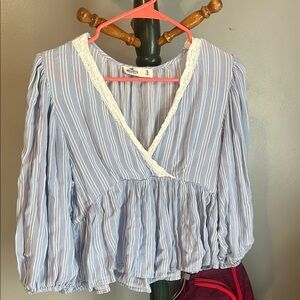 Hollister Blue and White Wrap Peplum Blouse